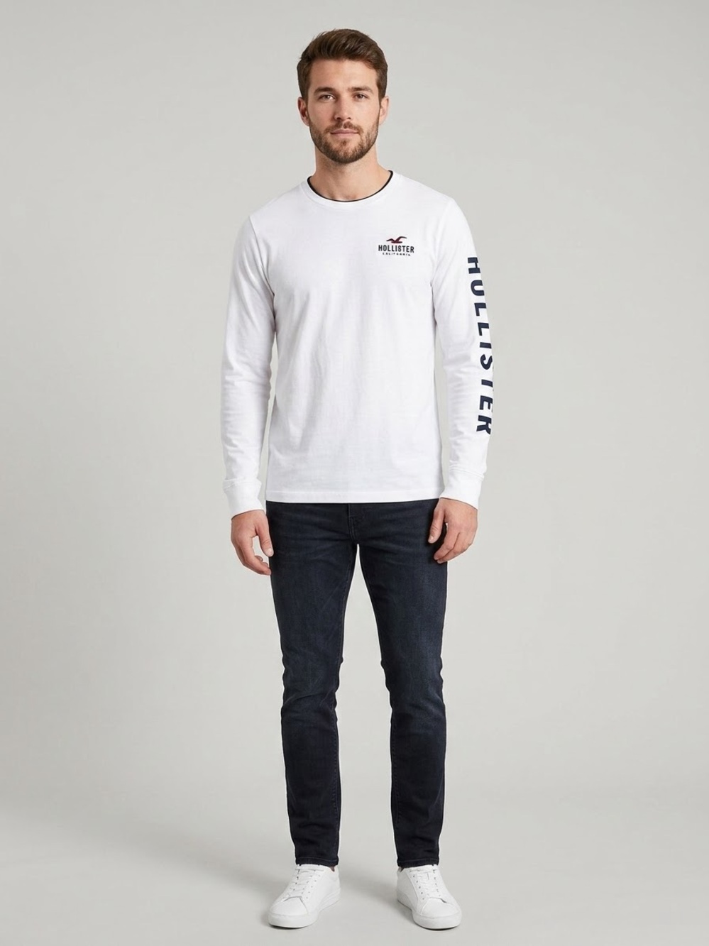 Hollister Men's White Long Sleeve Graphic T-Shirt - Logo Chest & Sleeve Print